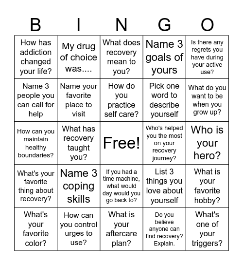 Recovery Bingo Card