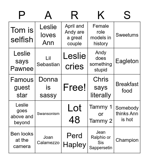 Parks and Rec Bingo Card