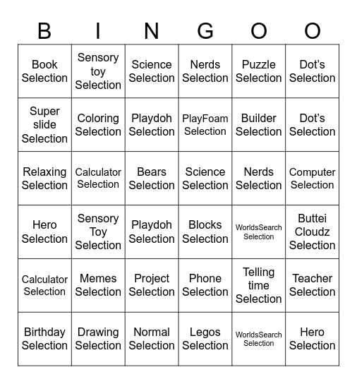 Room 10 Selection Bingo Card