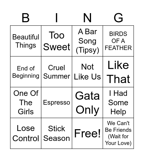 2024 Songs Bingo Card