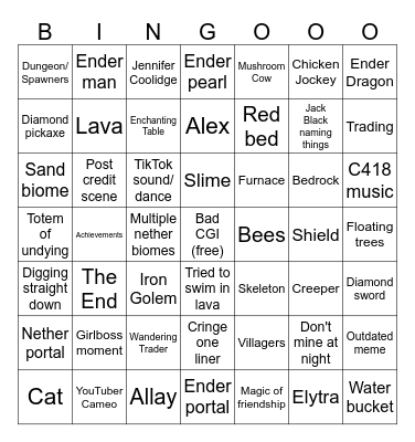 Minecraft Movie Bingo Card