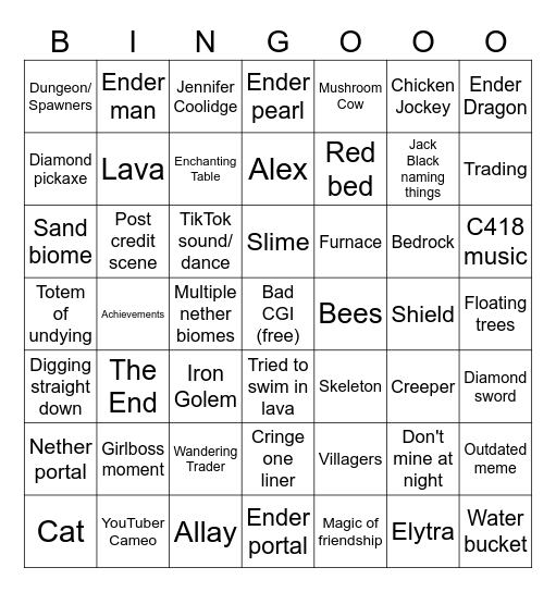 Minecraft Movie Bingo Card