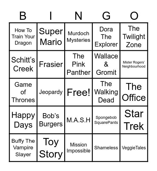 Theme Songs Bingo Card