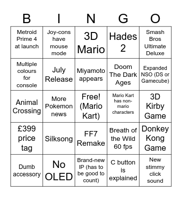 Switch 2 Direct Bingo Card