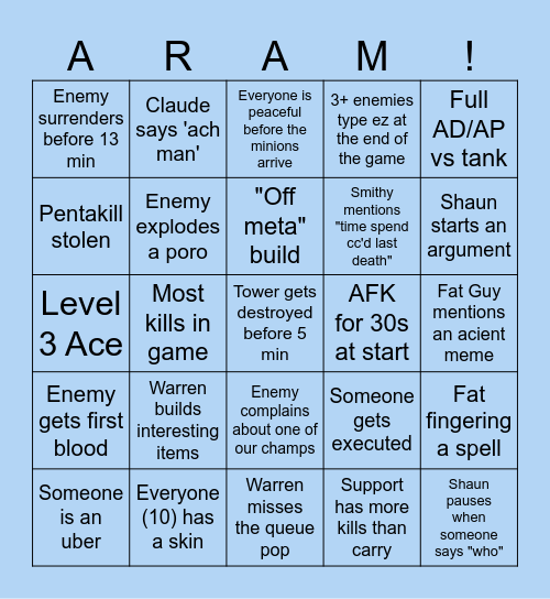 King Of The Champs Bingo Card