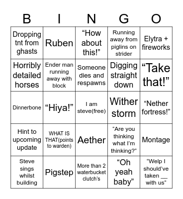 Minecraft movie bingo Card