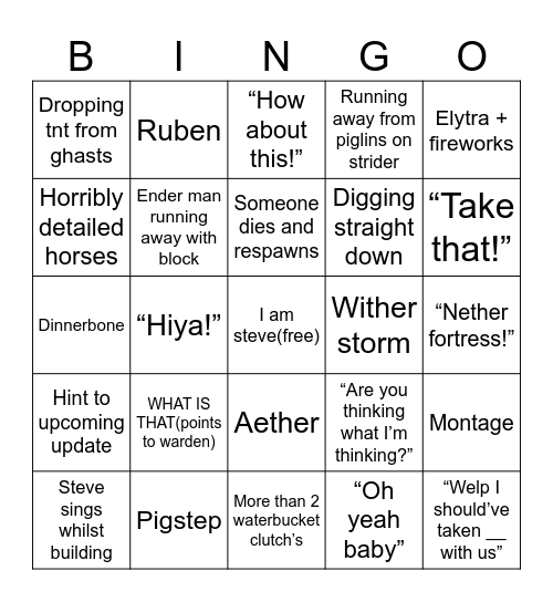 Minecraft movie bingo Card