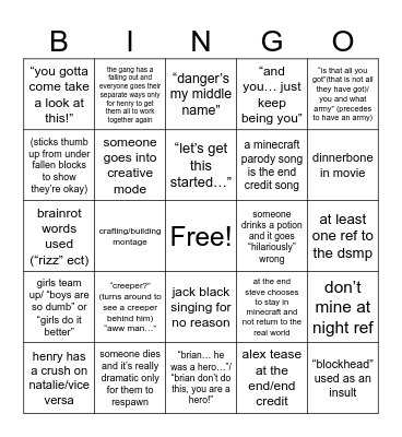 minecraft movie bingo card Bingo Card