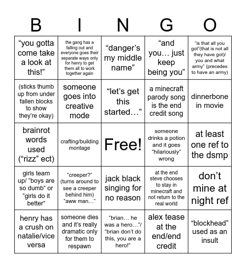 minecraft movie bingo card Bingo Card