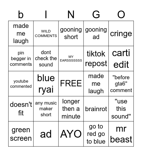 YT SHORTS BINGO Card