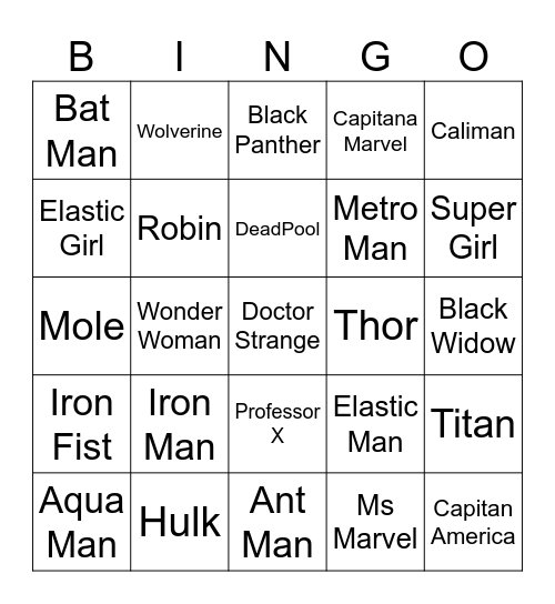 Super Hero Bingo Card