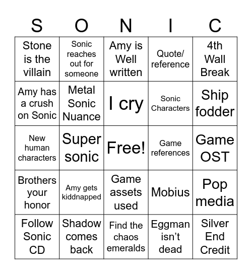 Sonic 4 baby Bingo Card