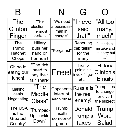 2016 Debates Bingo Card