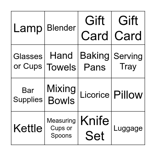 Bridal Shower Bingo Card