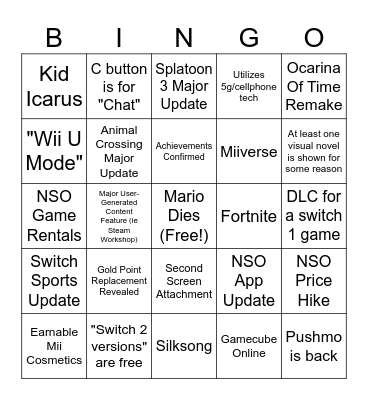 Switch 2 direct bingo Card