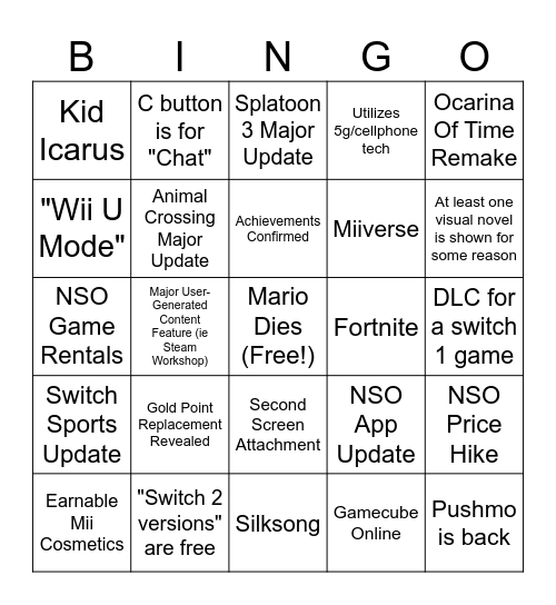 Switch 2 direct bingo Card