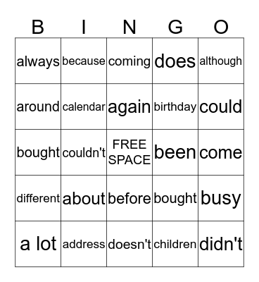 LIFELONG WORD BINGO Card