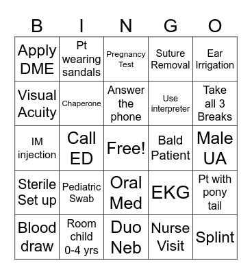 Camas Urgent Care Bingo Card