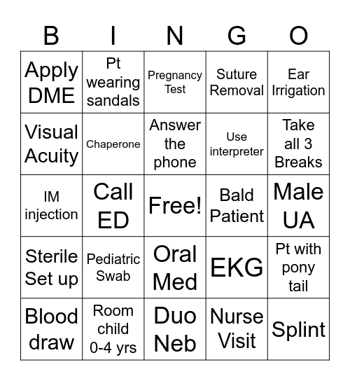 Camas Urgent Care Bingo Card