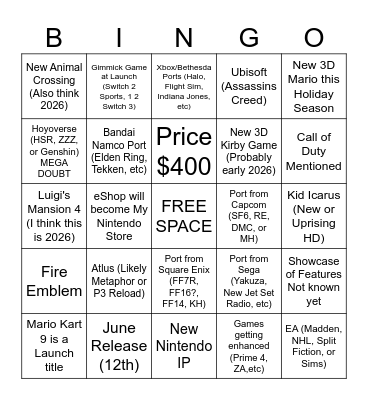 Brenden's Switch 2 Direct Bingo Card Bingo Card