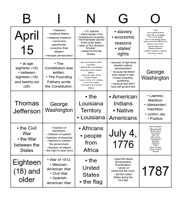 Citizenship Questions 51-75 Bingo Card