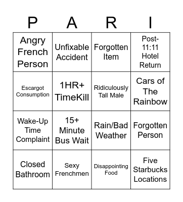 Paris Day 2 Bingo Card
