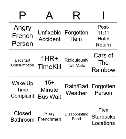 Paris Day 2 Bingo Card
