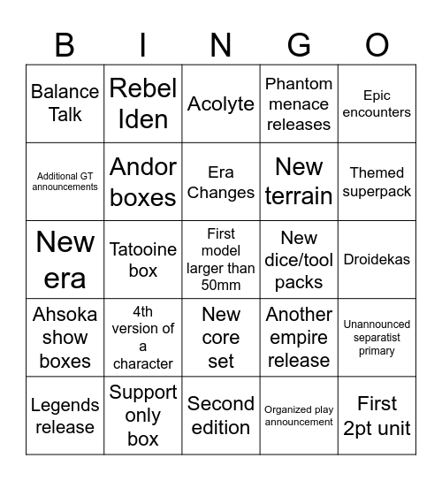 Shatterpoint Reveal Bingo Card