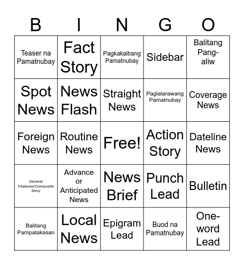 FIL 19 Bingo Card