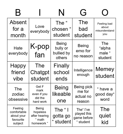 Student Bingo Card