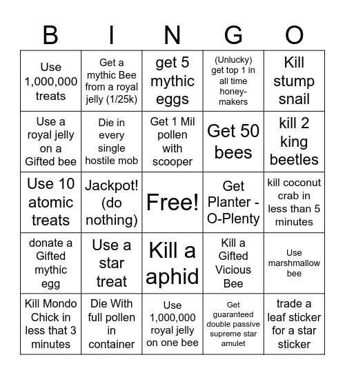 Deadly Bee Swarm Bingo Card