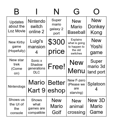Nintendo Switch 2 Bingo Card