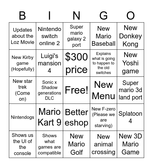Nintendo Switch 2 Bingo Card