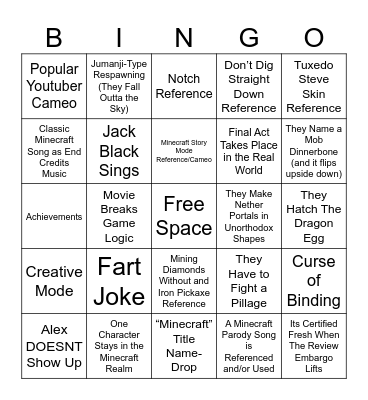 Minecraft Movie Bingo Card