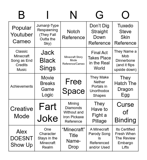 Minecraft Movie Bingo Card
