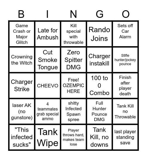 LEFT 4 DEAD 2 BINGO Card