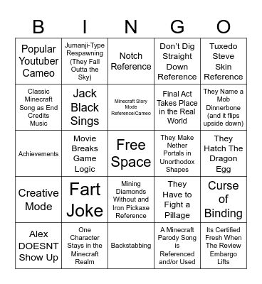 Minecraft Movie Bingo Card