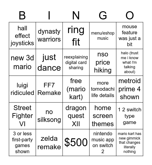 switch 2 presentation Bingo Card