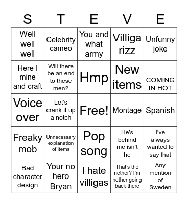 MINECRAFT MOVIE Bingo Card