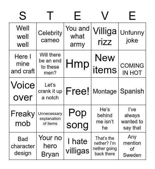MINECRAFT MOVIE Bingo Card