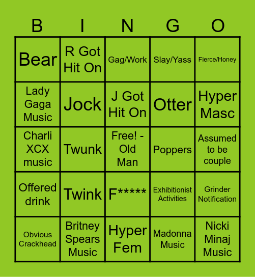 Gay Club Bingo Card