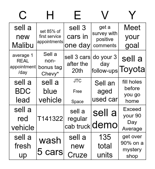 Sales Department Chevy Bingo Card