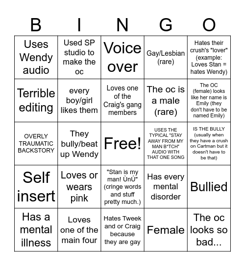Cringe South Park oc video Bingo Card
