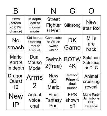 Switch 2 Direct Predictions Bingo Card
