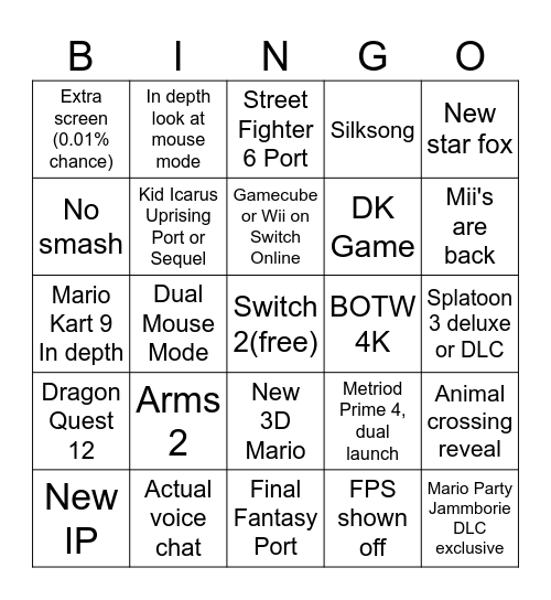 Switch 2 Direct Predictions Bingo Card