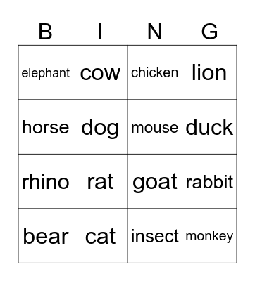 AMAZING ANIMALS Bingo Card