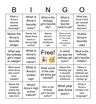 Anna’s Birthday Trivia Bingo Card