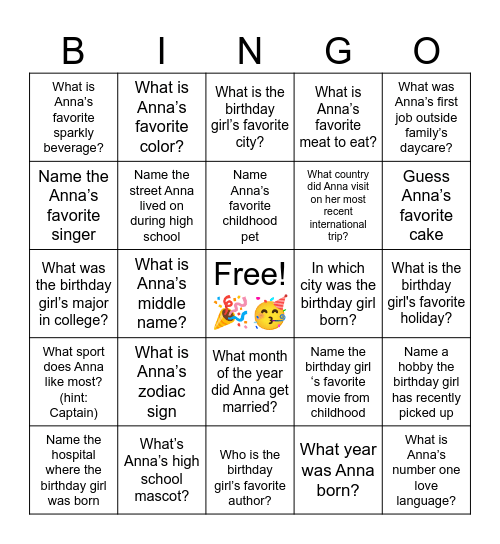 Anna’s Birthday Trivia Bingo Card