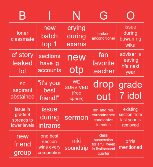 batch 2028 grade 9 bingo Card