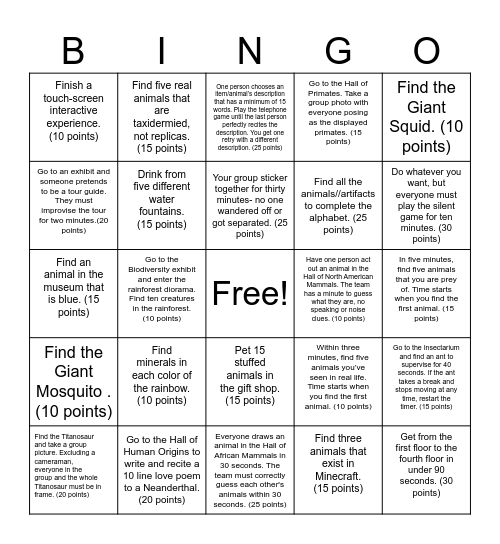 American Museum of Natural History Bingo Card